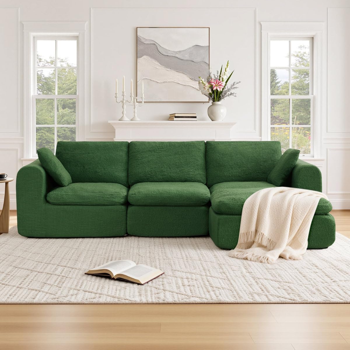 Dineen Modular Cloud Couch L-Shape Sectional Sofa with Ottoman, Convertible 3-Seater, Plush Deep Seat Upholstered Modern Living Room Furniture (Green)-image-8