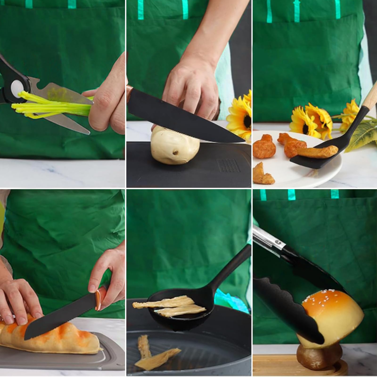 Set di 19 coltelli da cucina, in silicone, con 12 utensili da cucina, 5 coltelli, tagliere e supporto, lavabile in lavastoviglie (Nero/Bianco)