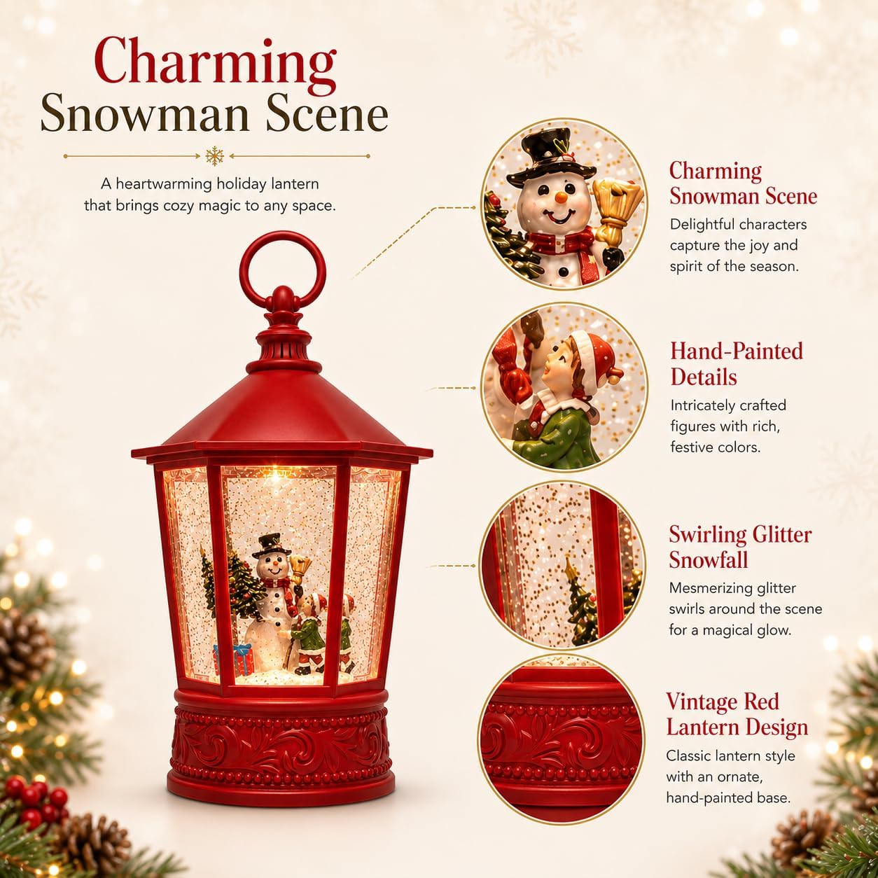 Snowman Christmas Snow Globe Lantern, 10.5" Lighted Musical Water Lantern with Swirling Glitter, 8 Christmas Songs, USB & Battery Operated, 6H Timer, Vintage Red Tabletop Christmas Decor