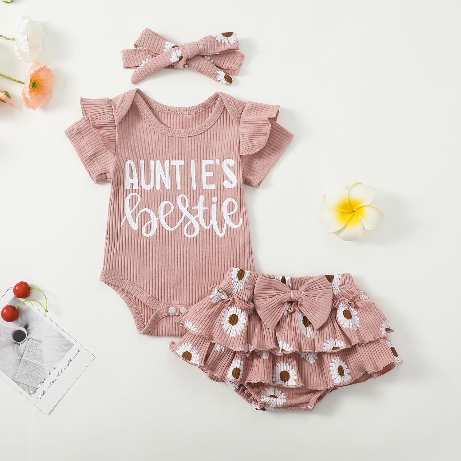 Aunties Bestie Baby Girl Clothes Romper Daisy Skirt Skort 3Pcs Set | Aunt Letter Romper Ruffle Daisy Skirt Skort Set Newborn Coming Home Outfit