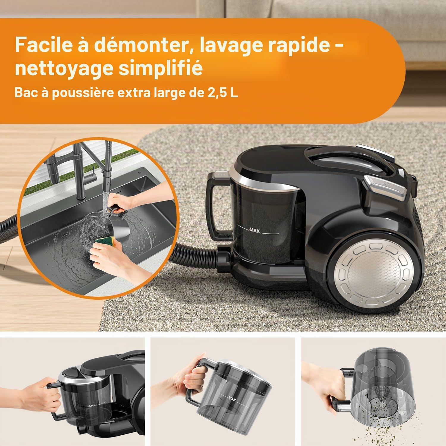Aspirateur sans sac 1200 W - Forte puissance d'aspiration - Compact et léger - Sans sac - Silencieux < 70 dB - Réservoir à poussière de 2,5 l - Buse de sol pour sols durs et tapis - Filtre