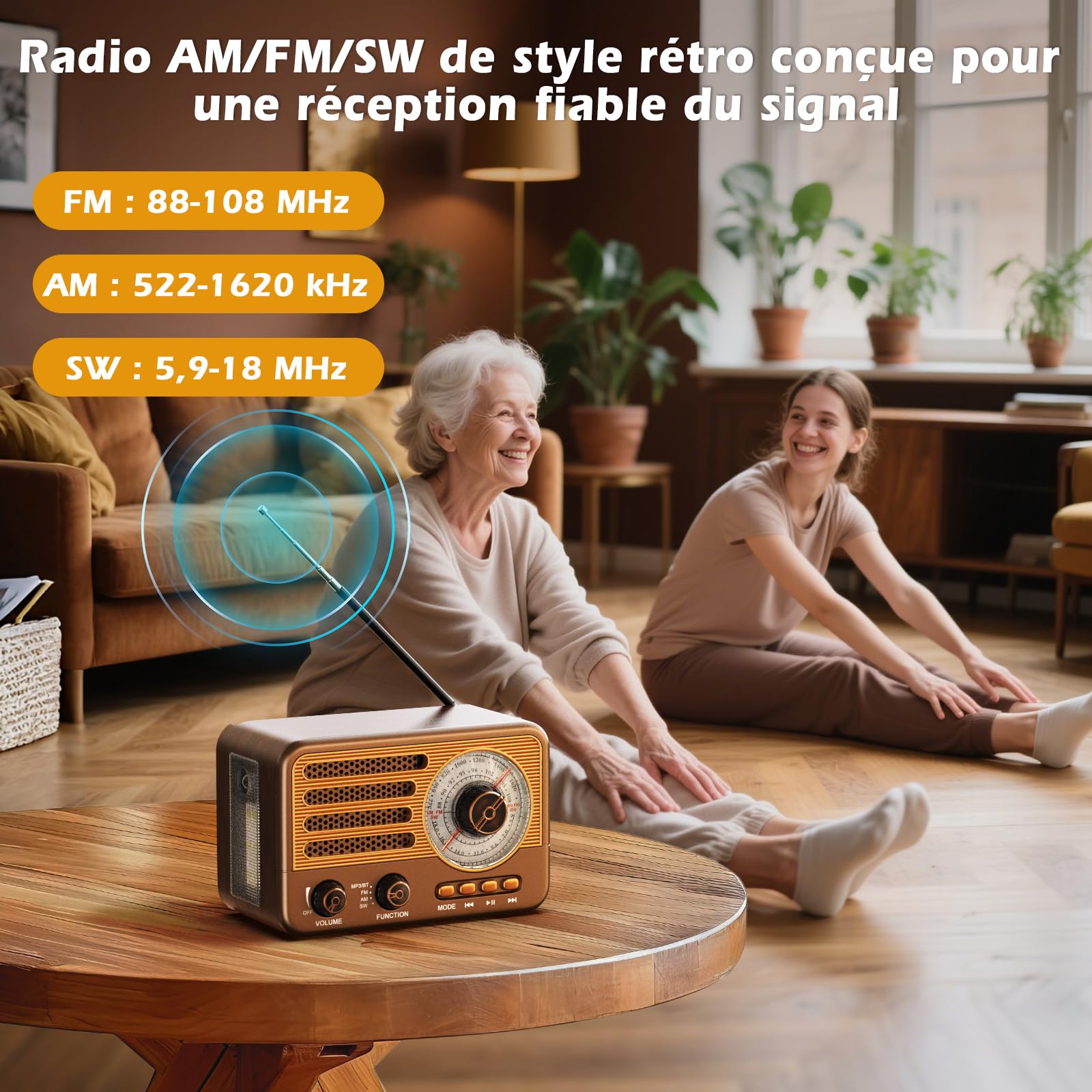 Radio transistor vintage – Style rétro avec gamme moderne, portable, AM/FM/SW, avec USB/TF/AUX MP3 et batterie rechargeable de 1800 mAh