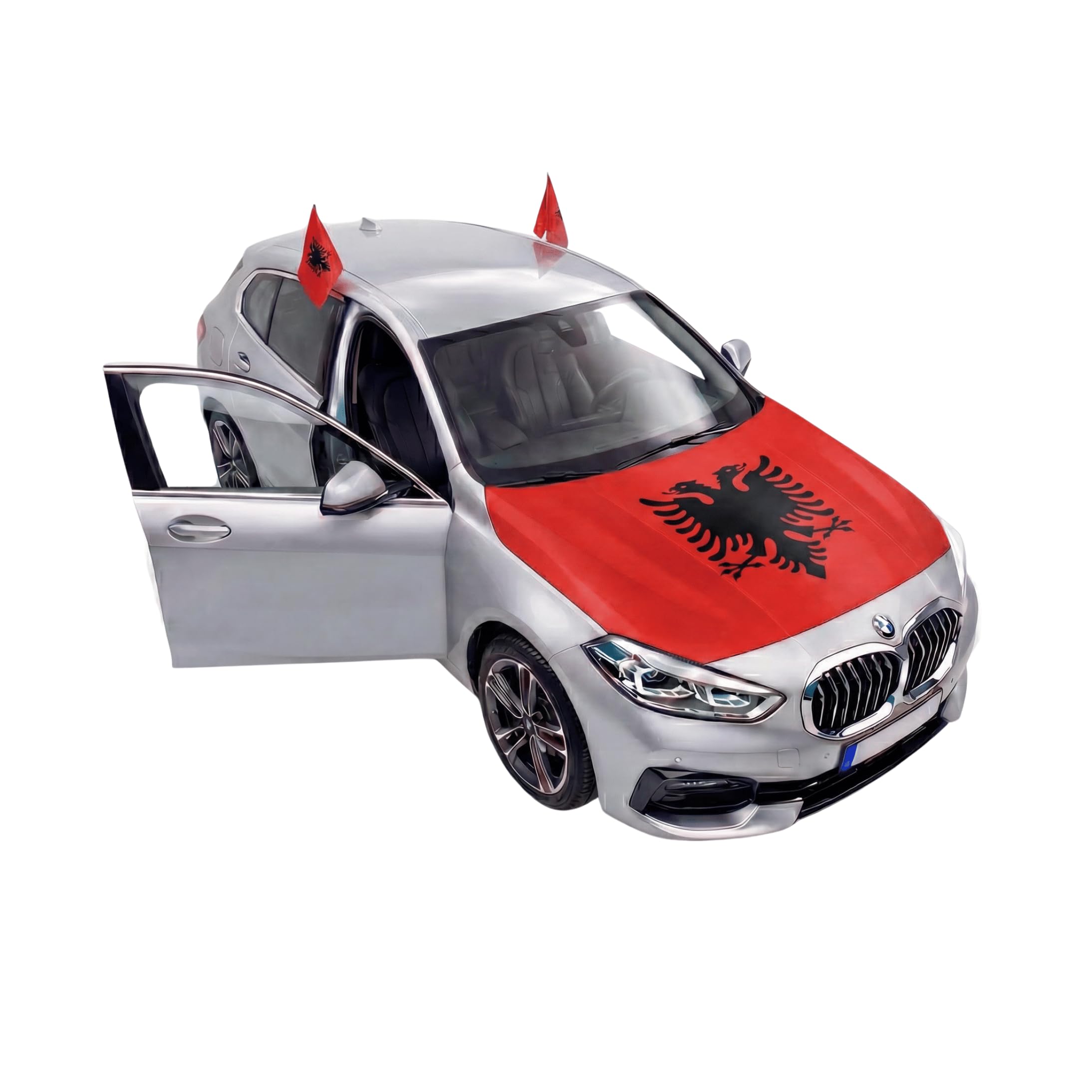 Auto Fahnen Albanien Set - Motorhauben Fahne & 2 Autofahnen für Fenster, Fußball Fanartikel FZG für EM & WM, Albanische Flagge Deko Set