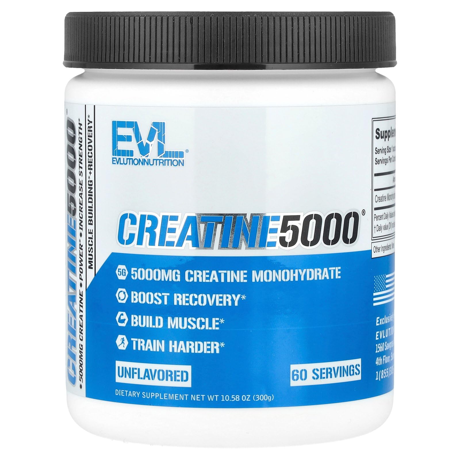 Evlution Nutrition Creatine 5000 - Supports Faster Recovery Lean Muscle Growth & Performance - Pre & Post Workout Powder - 5000mg Pure Creatine Monohydrate Per Serving - 60 Servings - Unflavored
