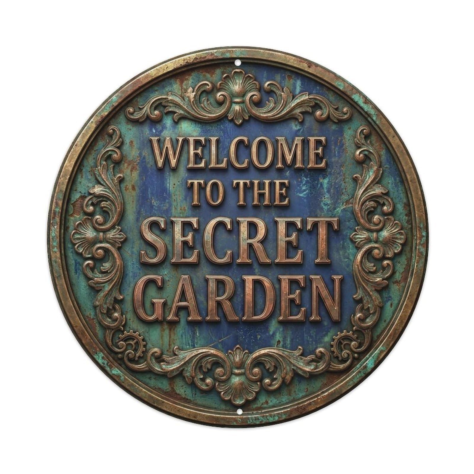 Vintage Welcome Secret Garden Copper Indigo Ornate Metal Tin Sign