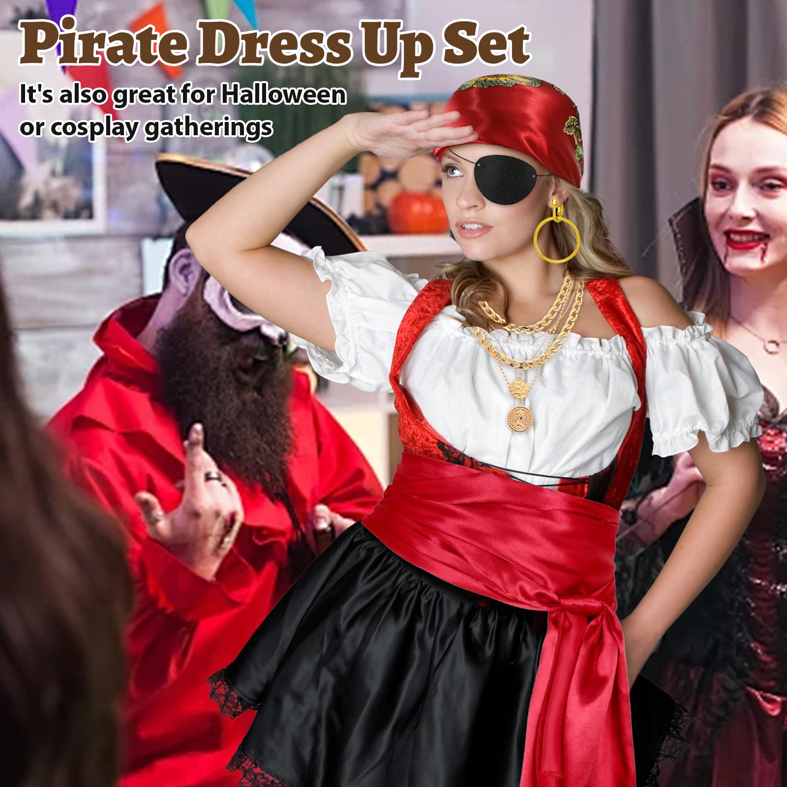 Applysu 5PCS Pirate Costume Accessories for Women Men Pirate Accessories Set including Bandana,Necklace - Image 3