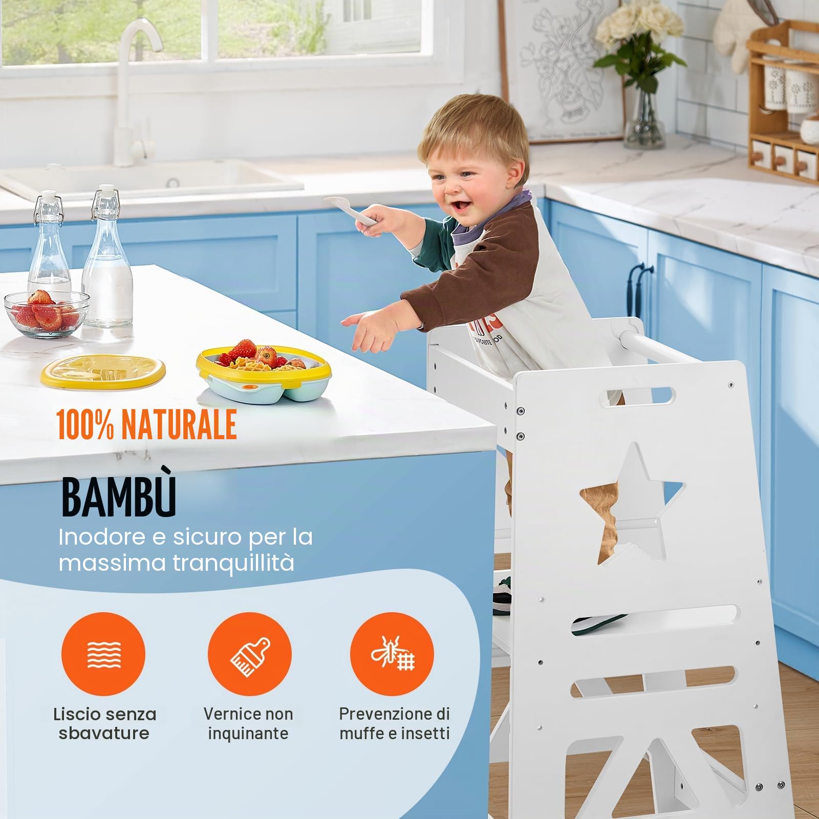 VEVOR Sgabello Bambini Carico max. 158kg Scaletta d'Apprendimento in Bambù, Rete di Sicurezza a 3 Altezze, Scaletta Torre Alzabimbo 844 x 553 x 482 mm da Cameretta Cucina Bagno Soggiorno Bimbi Bianco