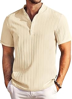 Men Casual Henley Tee Shirt Short Sleeve Band Collar Summer Beach Textured T-Shirt