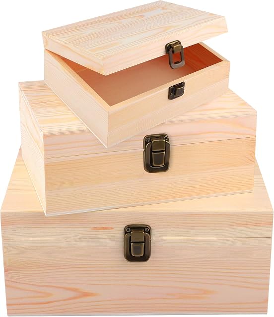 ADXCO 3 Pack Unfinished Wood Treasure Chest Decorative Wooden Box Pine Wood Box with Locking Clasp for Crafts, Art, Hobbies, Projects, Jewelry Box and Home Storage