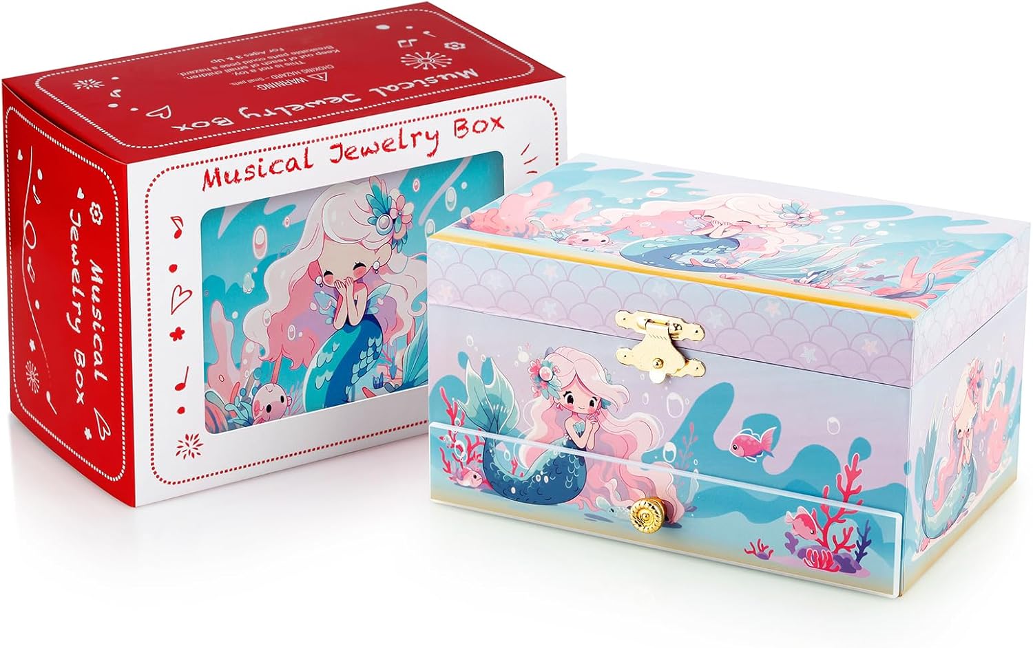 RR ROUND RICH DESIGN Kids Musical Jewelry Box with Storage Drawer and Pretty Jewelry Set with Cute Mermaid Theme - Beautiful Dream Tune Blue