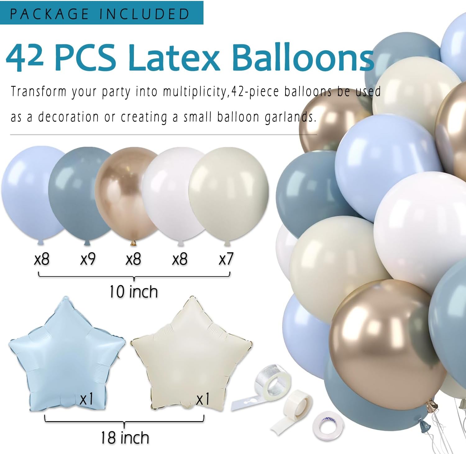 Dusty Blue Beige Champagne Women Birthday Decorations, Boho Neutral Boys Girls Blue Party Décor With Fog Cream Gold Balloons,Happy Banner Garland,Paper Lanterns, Honeycomb Tissue Pom Poms For Adults