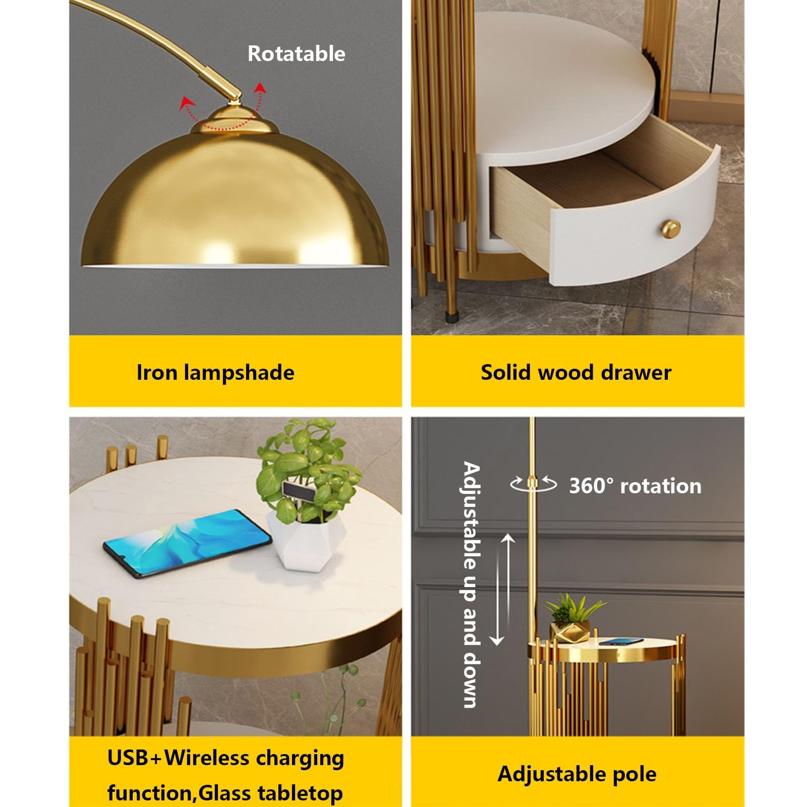 Luce da terra Lampada da terra con tavolo e cassetti, lampada in legno massello lampadina a LED, palo alto for camera letto, ufficio Lampada d'angolo