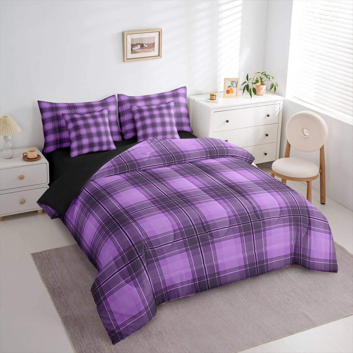 Feelyou Purple Black Plaid Comforter Set Queen Size 7 Pieces Checkered Geometric Bedding Set Kids Adult Vintage Aesthetic Bed in a Bag with Comforter, Sheets, Pillowcases, Cushion Covers