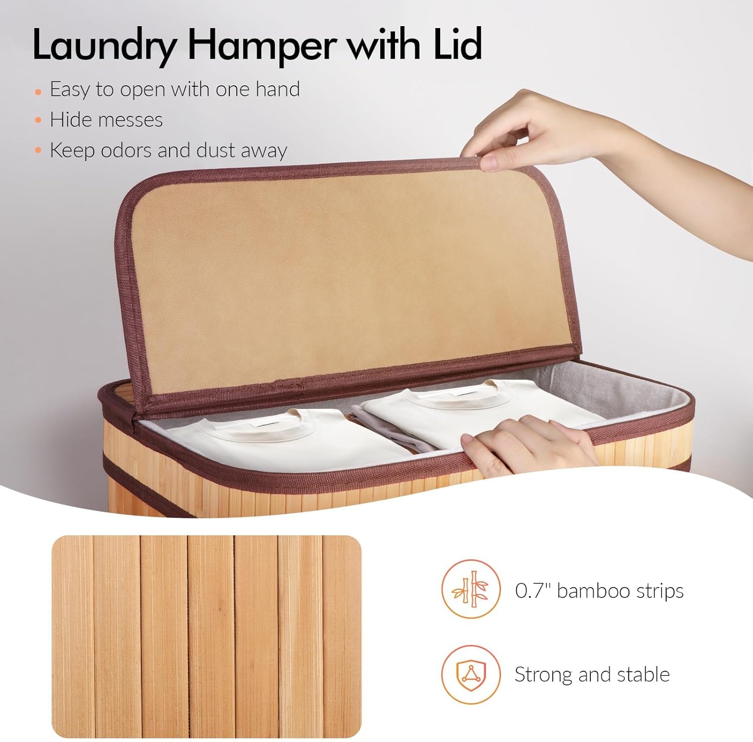 Bamboo Laundry Hamper with Lid,75L Launry Basket with Handles,Rectangular Wicker Clothes Hamper with Removable Liner & Lid for Small Spaces, Laundry Room, Bedroom (Natural)