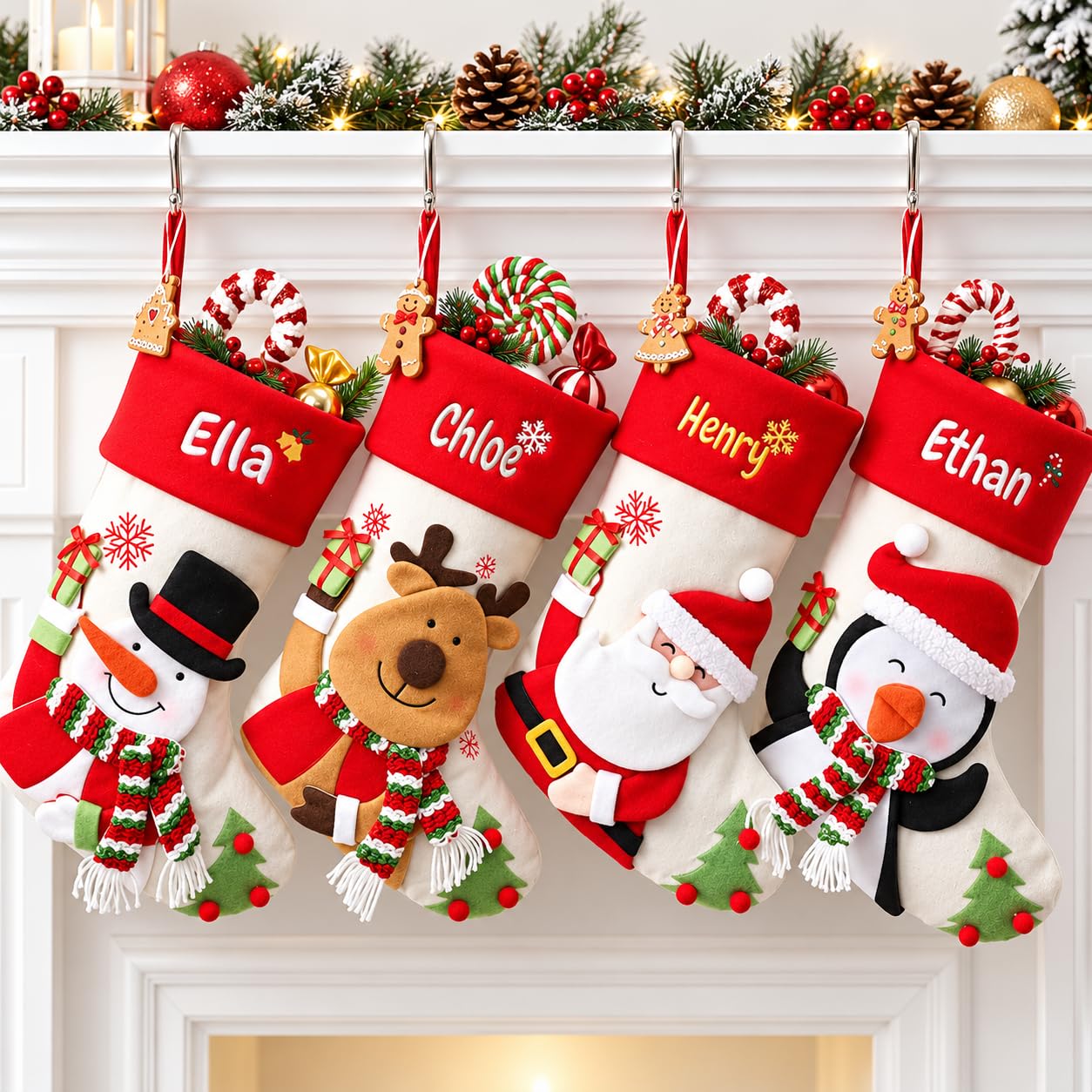 Infiher Personalised Christmas Stockings with Embroidered Name & Monogram,Custom 3D Xmas Character Stocking 3 Pack 18” Large,Santa,Snowman & Reindeer Fireplace Hanging Burlap Plaid Stockings(A)