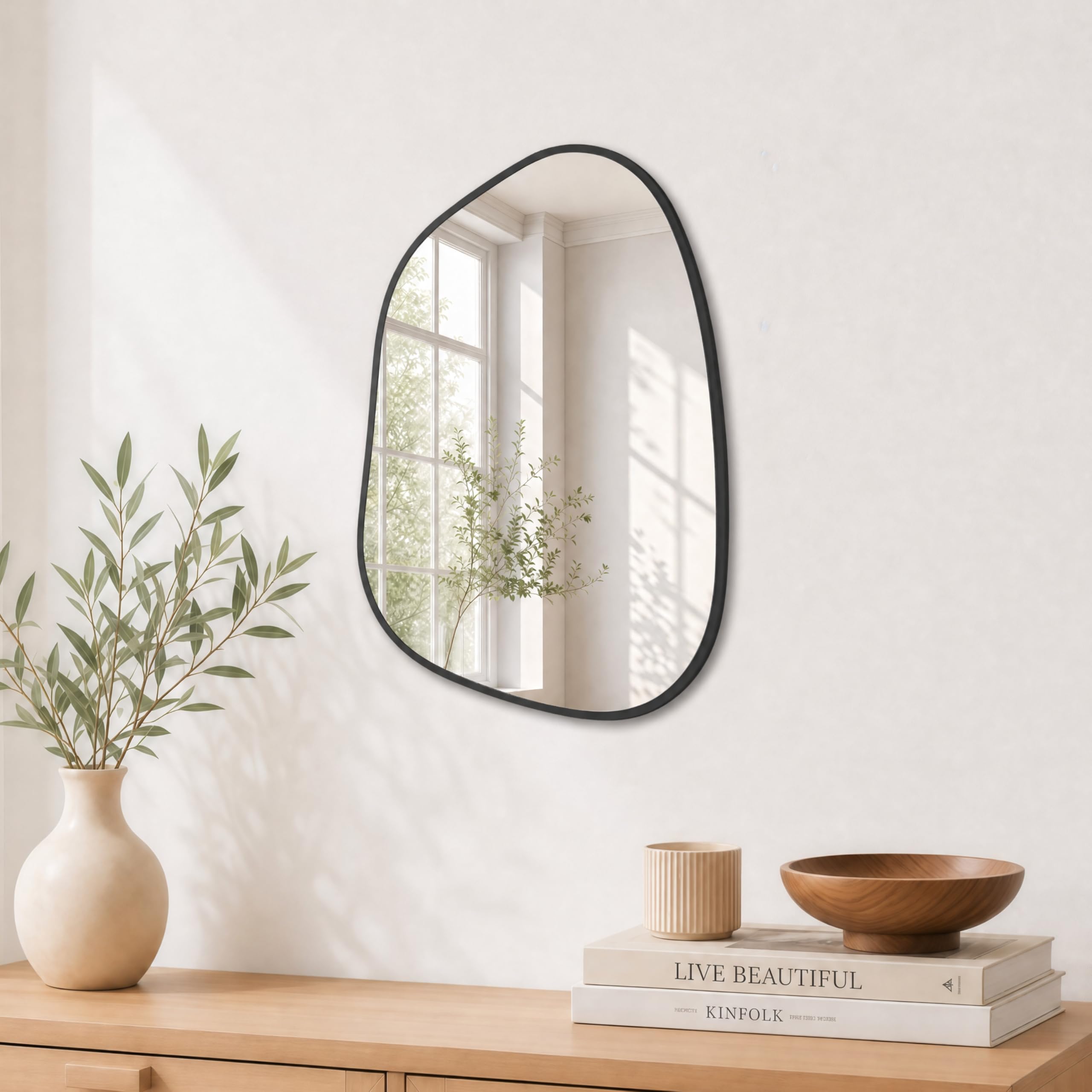 PERFNIQUE Asymmetrical Irregular Wall Mirror, 40 x 30 cm Black Mirrors for Bathroom Bedroom Living Room Entryway, Small Mirror, Decorative Modern Wall Decor