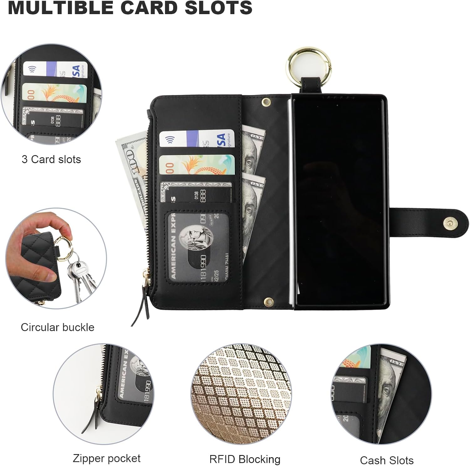 KIHUWEY for Galaxy Z Fold 6 Wallet Case with Card Holder Premium Leather Magnetic RFID Blocking Shockproof Zipper Wrist Strap Lanyard Cover for Samsung Galaxy Z Fold 6 7.6 Inch (Black)