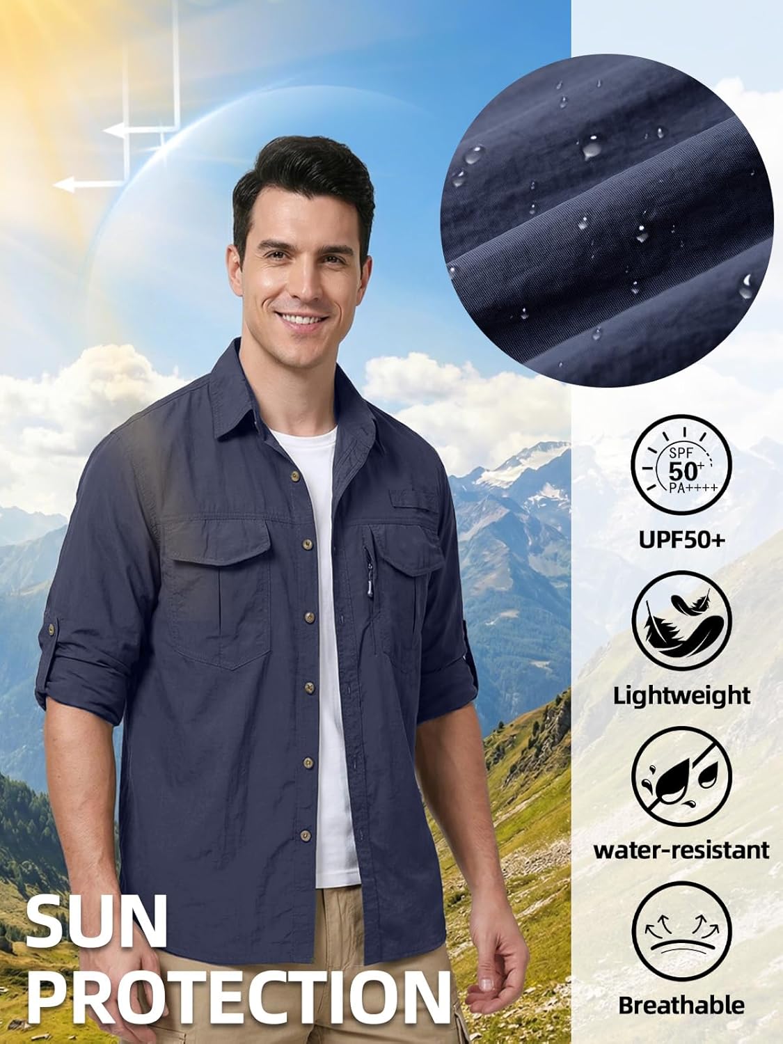 Men's Sun Protection Fishing Shirt UPF 50+ Long Sleeve Button Down Shirt Hiking Safari Camping Travel Work