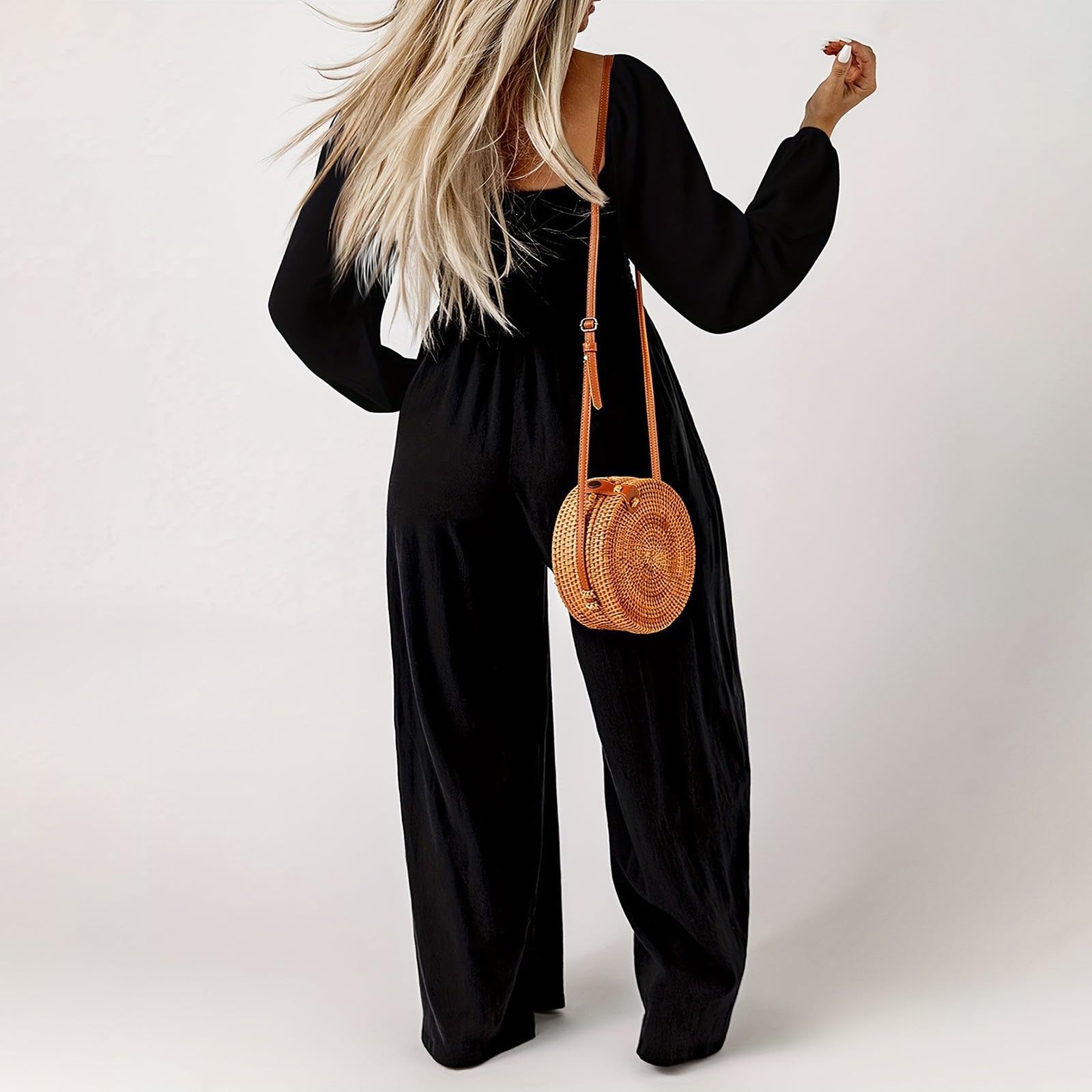 Tuta da donna elegante a maniche lunghe, taglie grandi, con taschino, scollo quadrato, tuta intera pieghettato, gamba larga, oversize, tuta estiva Y2K, per il tempo libero