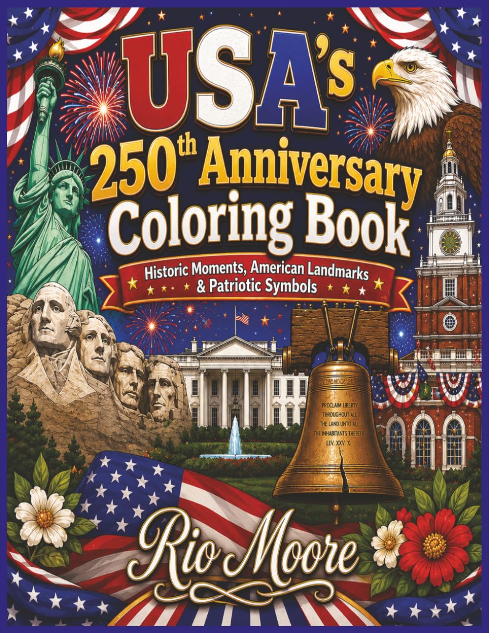 USA'S 250TH ANNIVERSARY COLORING BOOK: HISTORIC MOMENTS, AMERICAN LANDMARKS & PATRIOTIC SYMBOLS: [8.5 X11 INCHES] RELAXING, BOLD & EASY TO COLOR; 50+ UNIQUE DESIGNS FOR KIDS & ADULTS TO CELEBRATE USA
