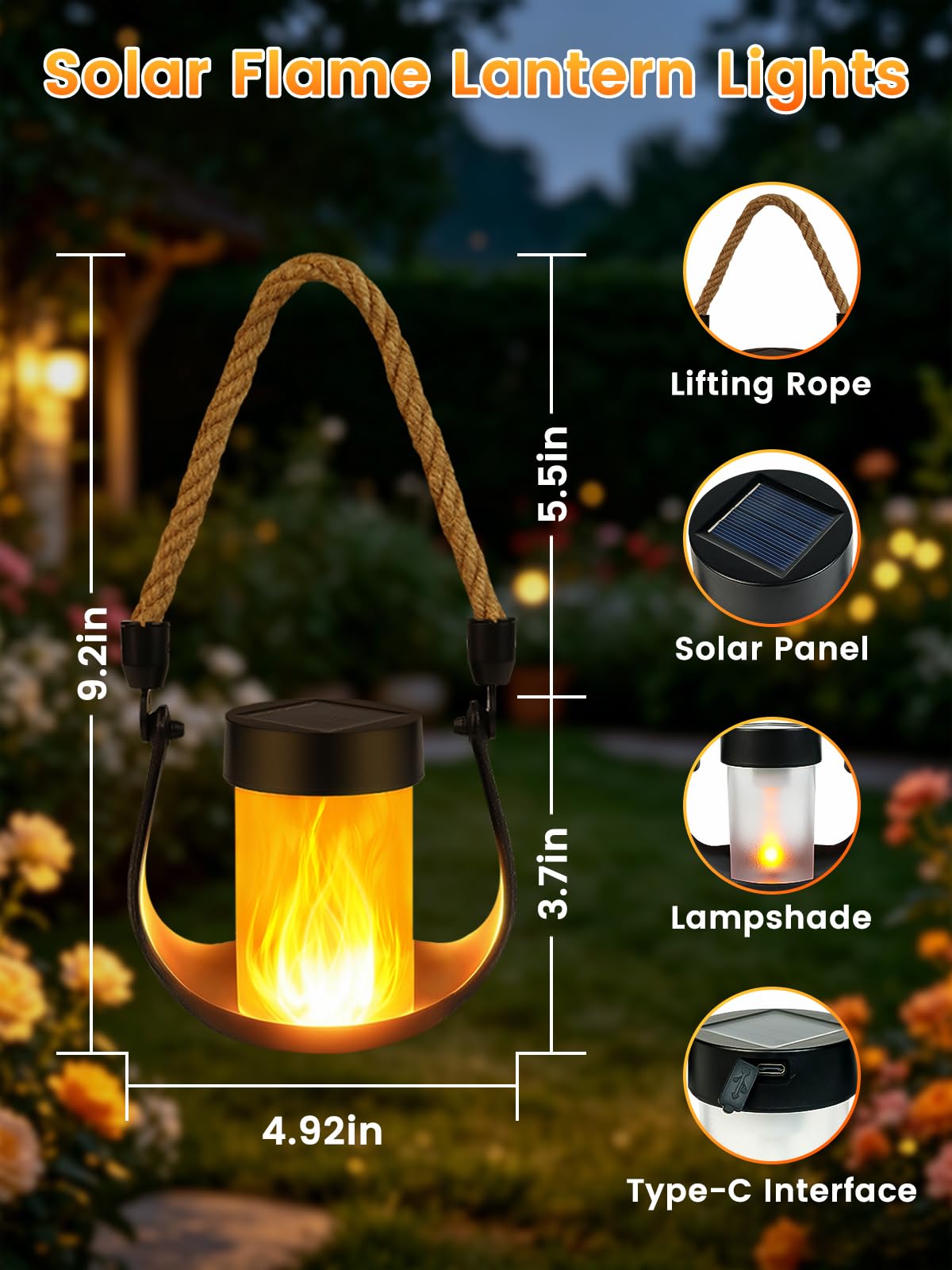 Lanterne solari per esterni, confezione da 4 lanterne solari da appendere, con fiamma danzante, impermeabili, a energia solare, per esterni, campeggio, albero, portico, cortile, patio, tavolo
