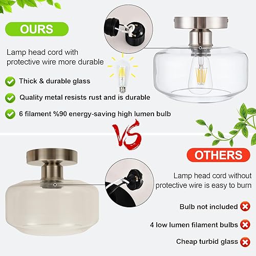 Miniatura 5 de Luces de techo semiempotradas simples y elegantes de vidrio transparente, base de metal de níquel cepillado, incluye bombilla LED de 900 lúmenes