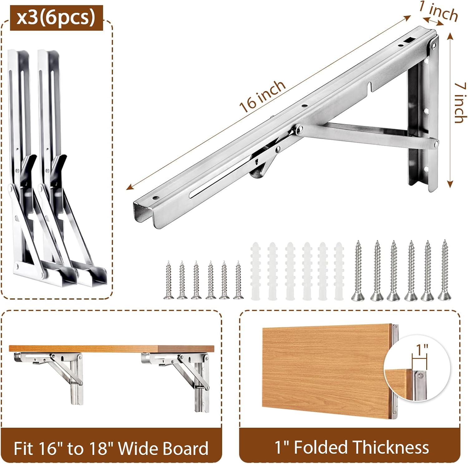 16 Inch Folding Brackets, 6 Packs Fold Down Shelf Brackets - Heavy Duty Collapsible Shelf Space Saving for Wall Mounted Folding Table Hinge Work Bench Max. Load 250lb (Stainless Steel)