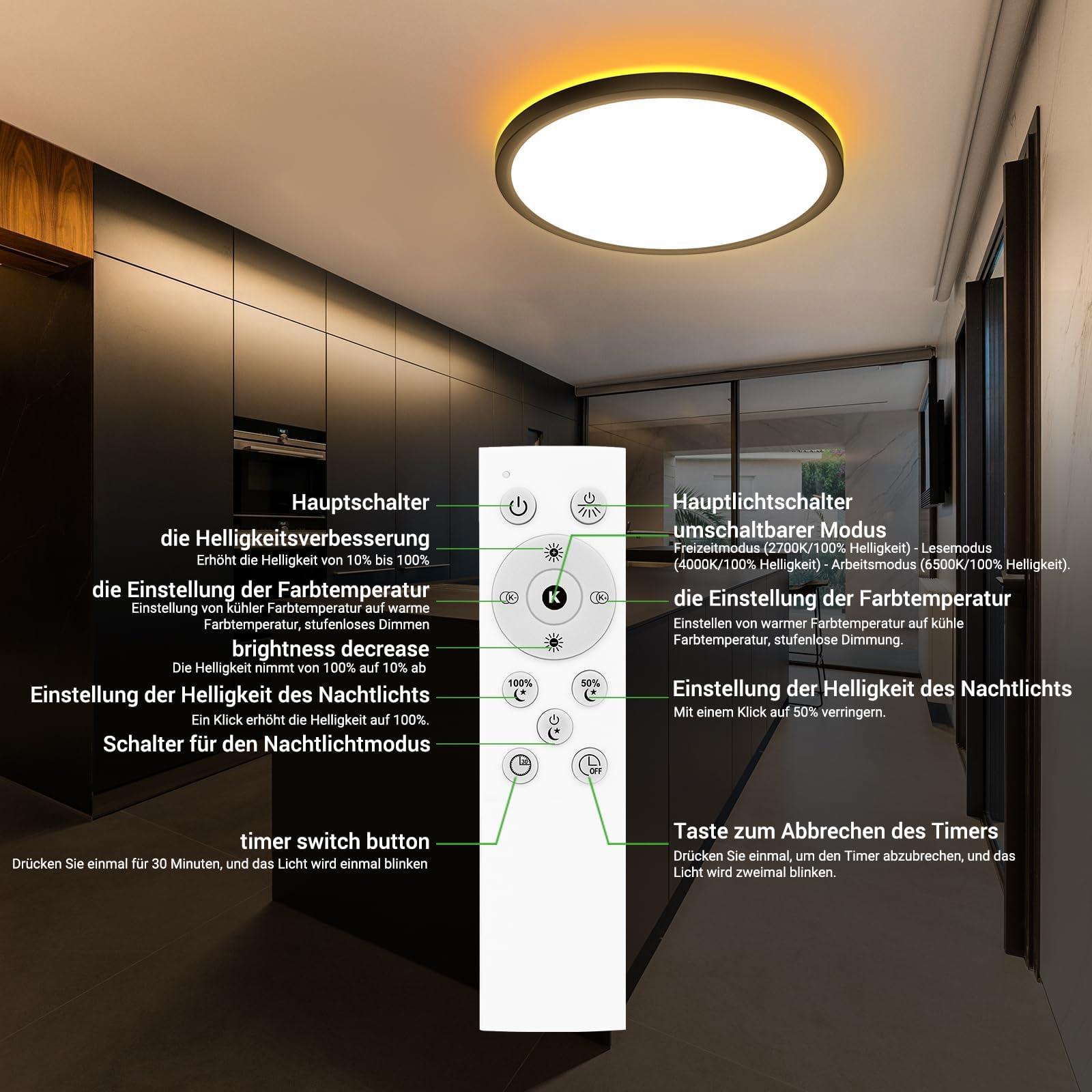 zemty 30W Lampara LED Regulable de 38 CM, Plafon LED con Control Remoto 3000LM, Luz Nocturna 1800K, Luz Led Moderna 3000K-6500K,Ideal para Cocina, Dormitorio y Salón(Blanco, 2 pieza)