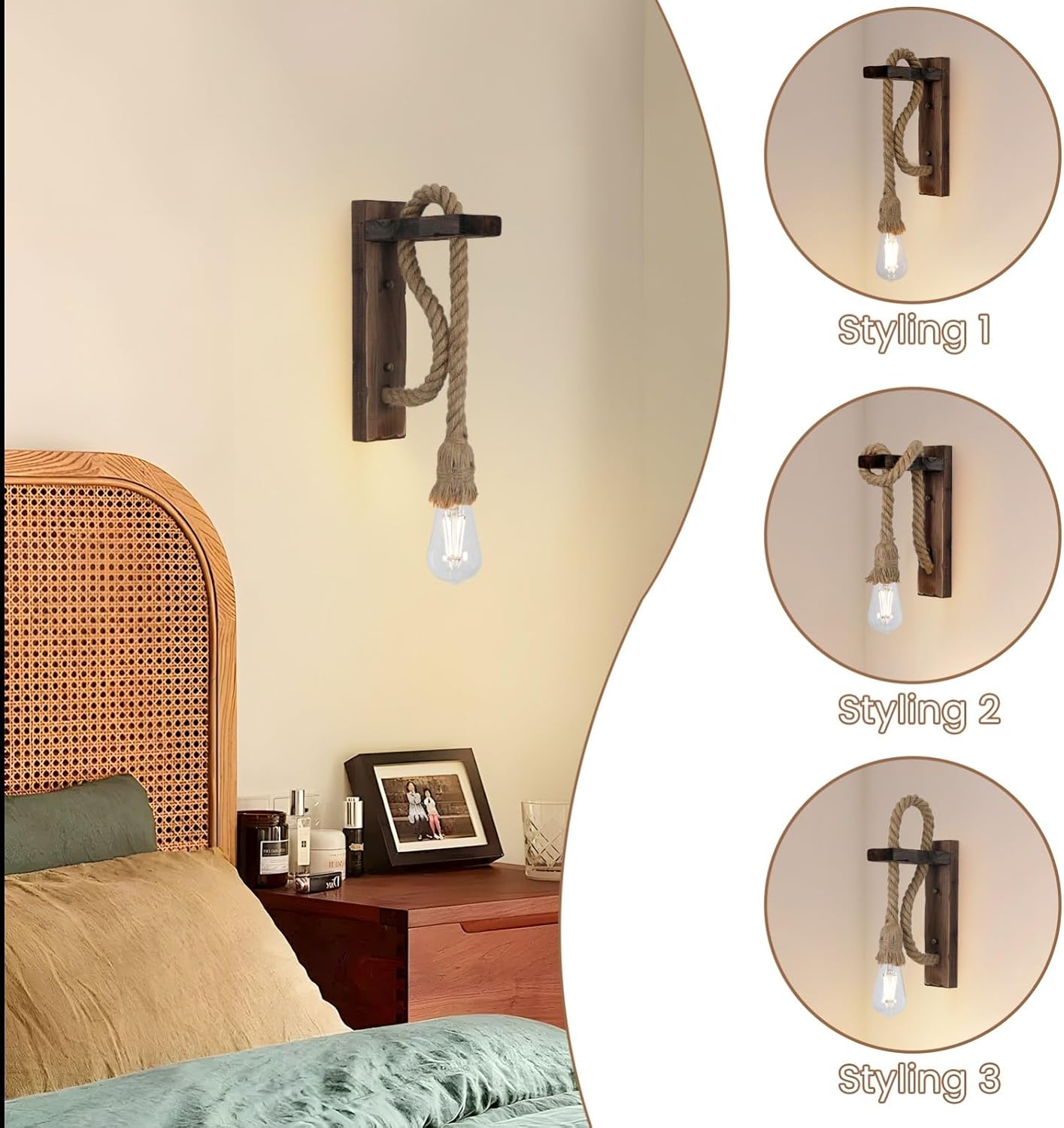 KEESFU Wood Wall Sconce 1 Light, Farmhouse Wood & Hemp Rope Wall Mount Light Fixture, Rustic Light Fixtures for Bedroom Entryway Hallway Living Room.