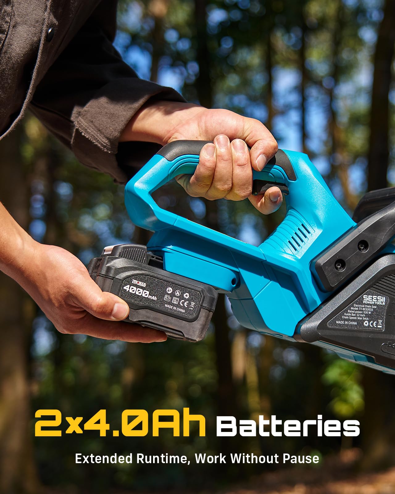 SEESII Motosierra eléctrica inalámbrica de 12 pulgadas, motosierras de mano con 2 baterías de 4.0 Ah, sierra de árbol con tensión de cadena sin herramientas, lubricación automática para cortar madera