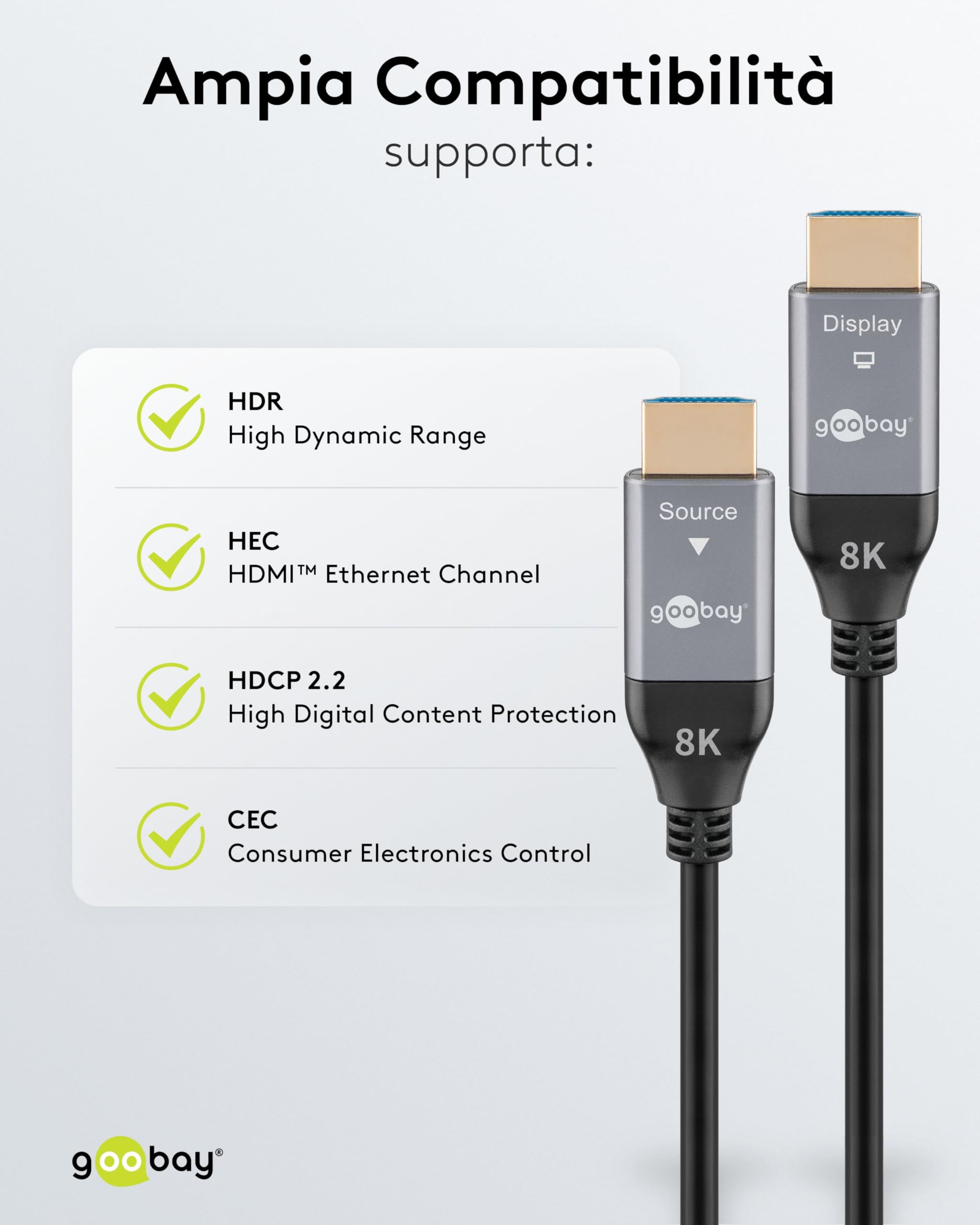 goobay Cavo ottico ibrido HDMI 40 metri – Cavo HDMI 2.1 Ultra High Speed con Ethernet, 8K/60Hz, tecnologia AOC per TV, monitor, PS5, Xbox, alta flessibilità, spina robusta, 76277