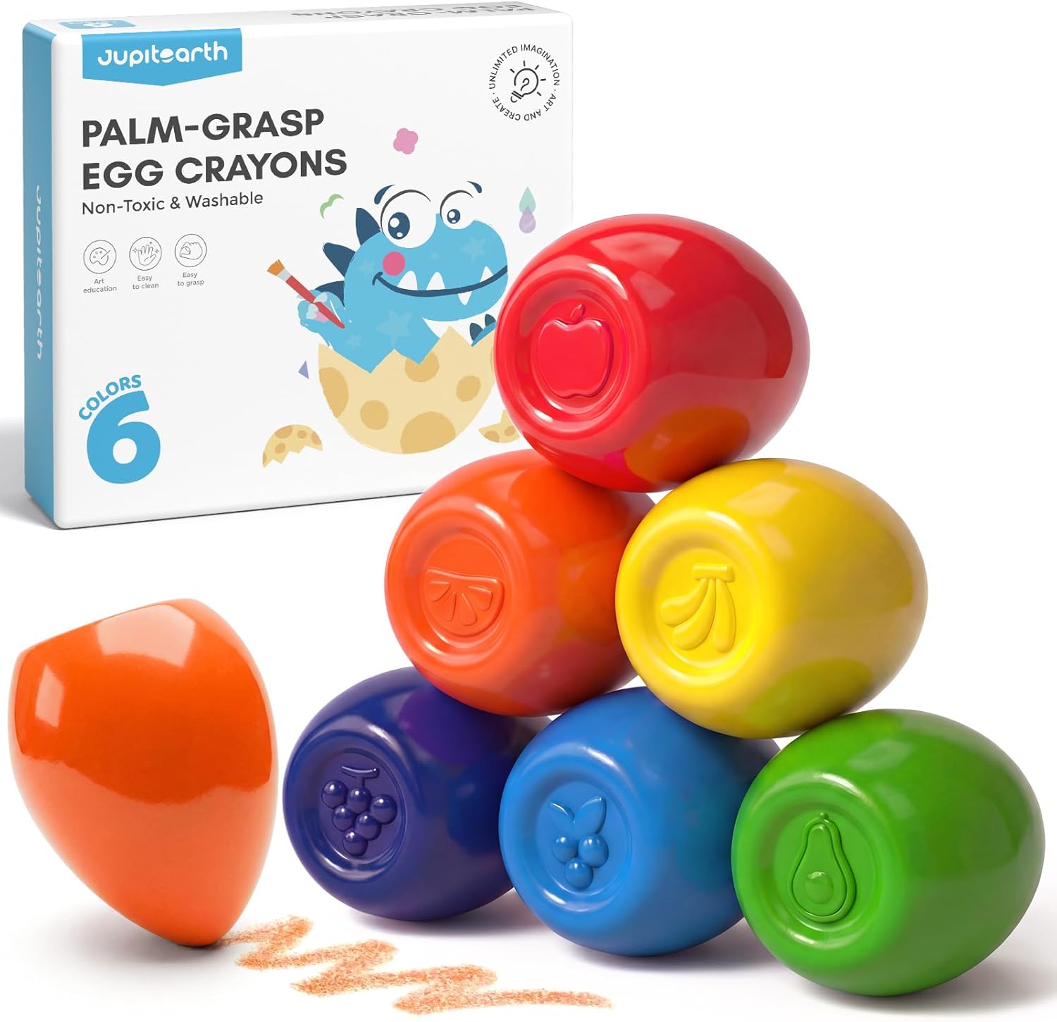JUPITEARTH 6 Colors Egg Crayons for kids, Palm-Grasp Non Toxic Jumbo Washable Crayons for Kids, Fat Brain Toys for Art Supplies and Perfect Gifts for Boys and Girls