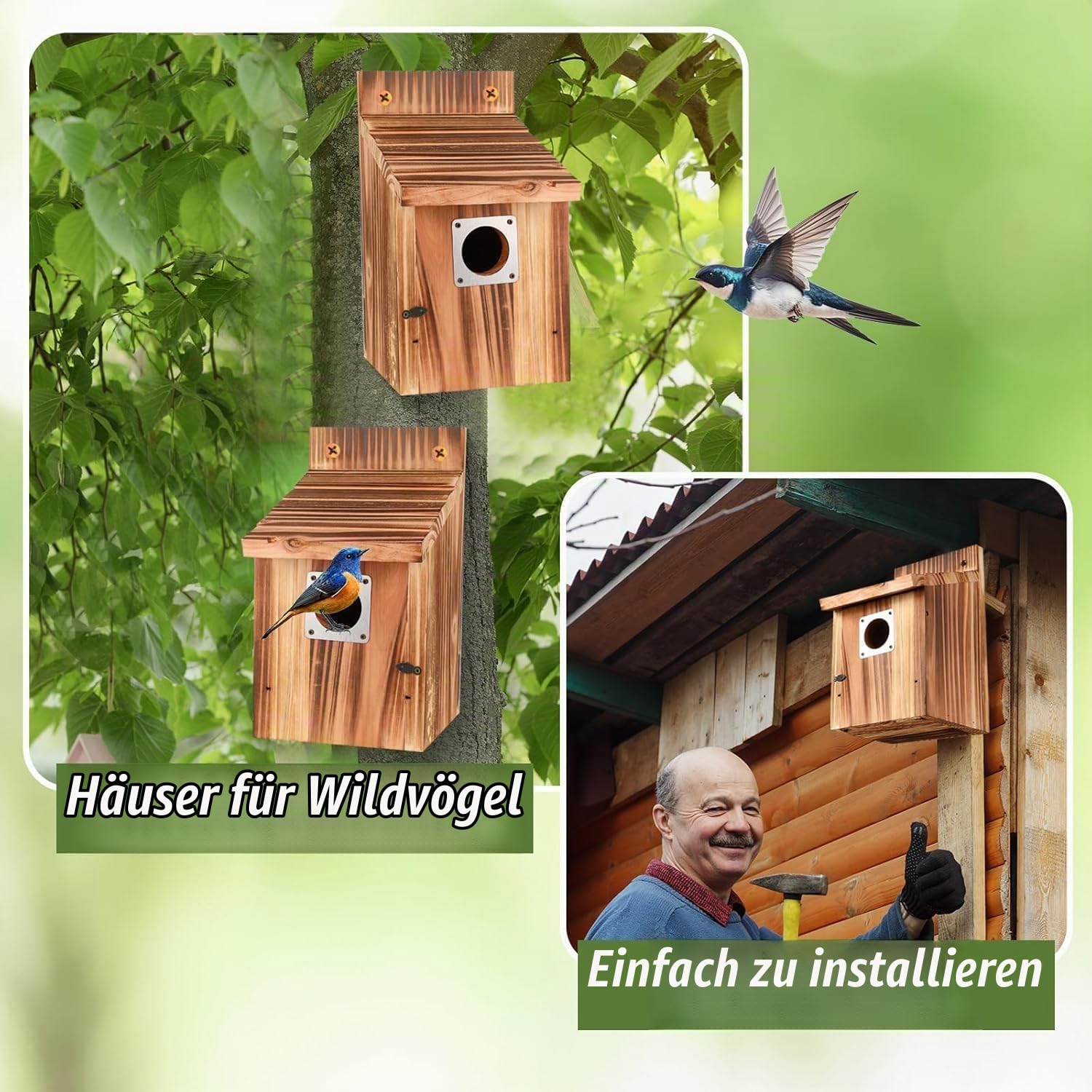 4 Stück Nistkasten für draußen wetterfest, Vogelhäuser mit Metallschutz, Sicherheitsschlössern, Flugschlitzen & Belüftung, 3,8cm Eingang