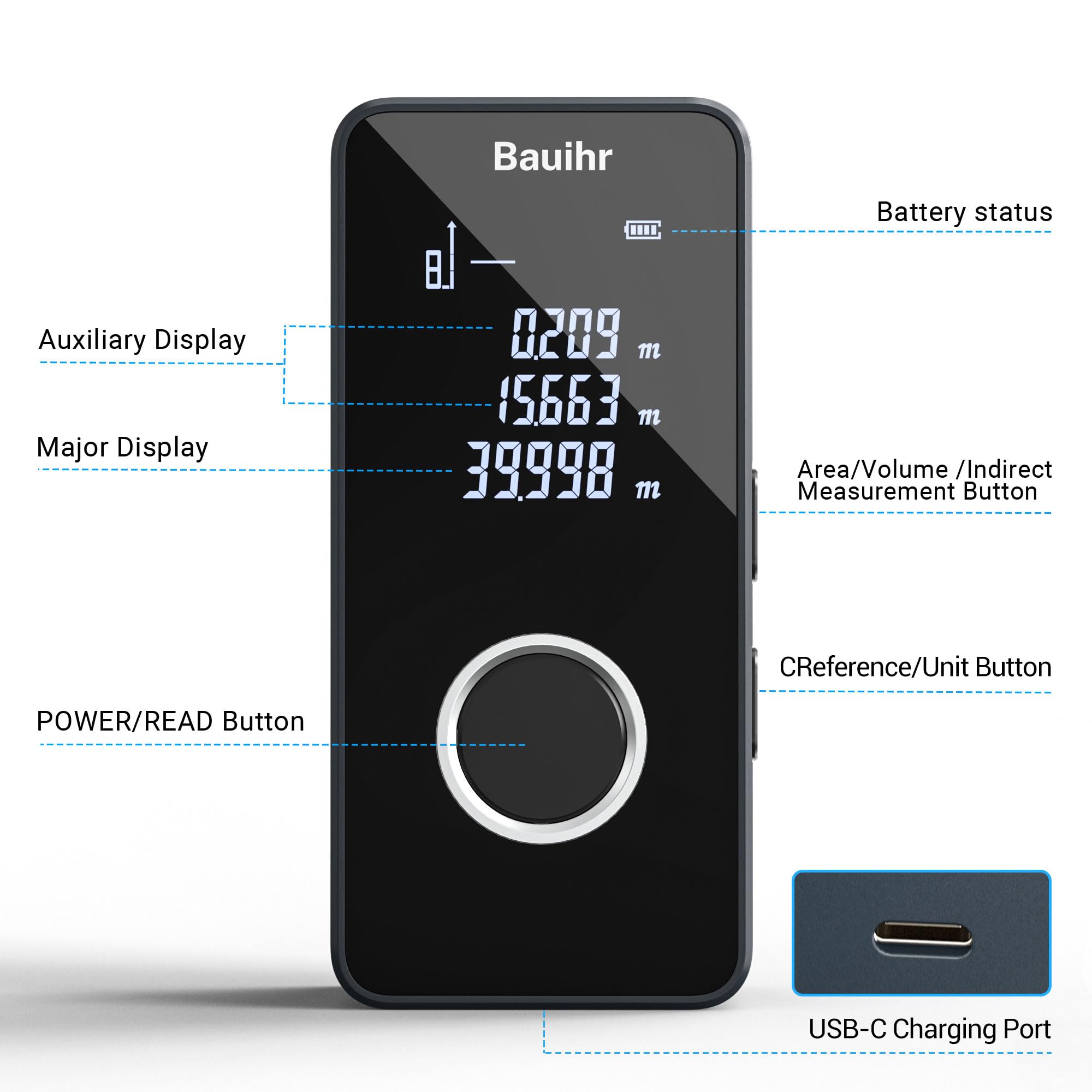 Bauihr Télémètre Laser, 131ft/40m Mini Mesure Laser Portable en Aluminium, Type-C Rechargeable Mesure Laser de Unités Commutables,Pythagore, Mesure Surface et Le Volume
