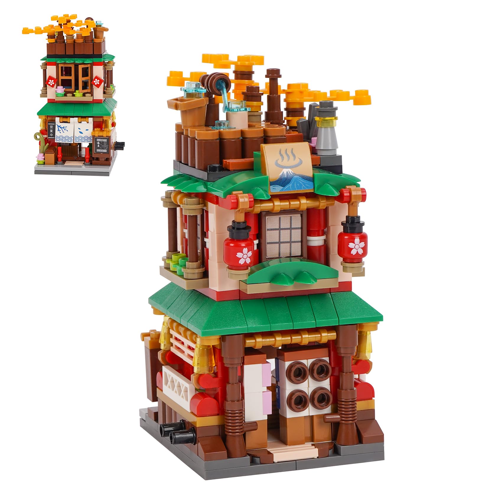 Oichy Building Blocks Set Street View City Mini Building Blocks MOC Creative STEM Toys Japanese House Model Simulation Mini Bricks Sets Construction Toy for Home Decoration and Gift (Mini Hot Spring)