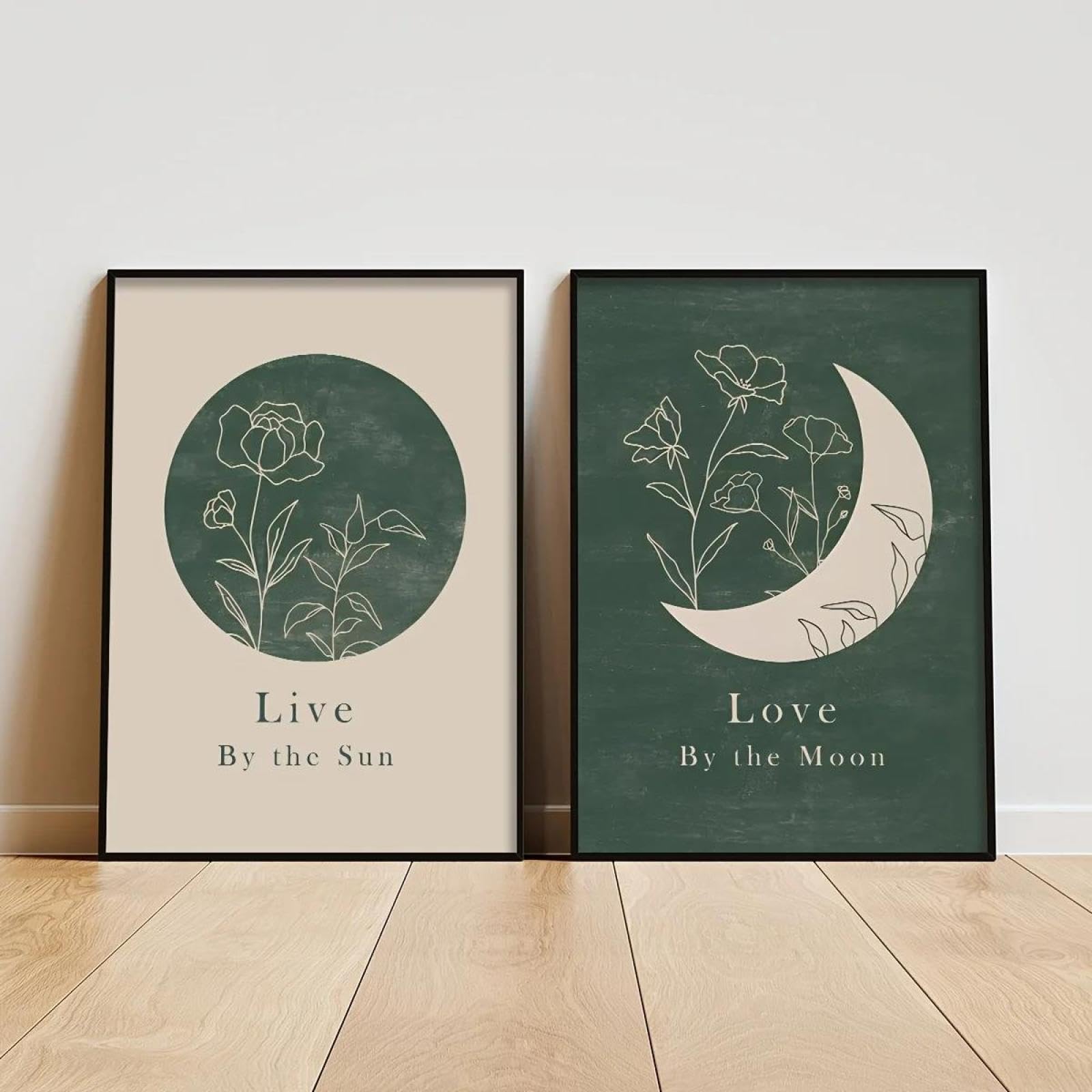 Baibexing Abstract Green Geometric Live Sun And Love Moon Canvas Painting Wall Art Poster Prints Picture For Living Room Home Decor 50X70Cmx2Pcs Unframed