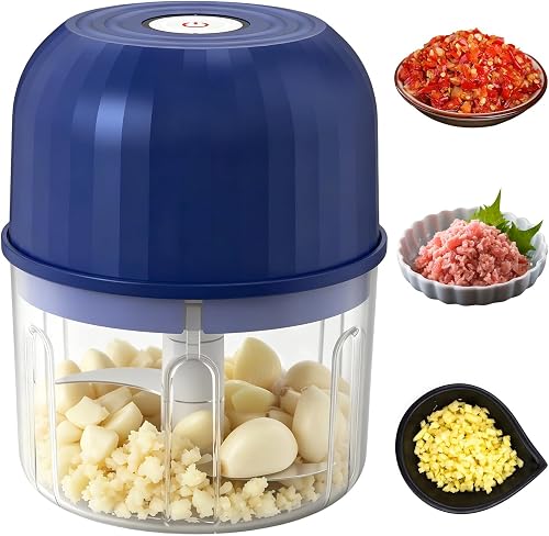 Electric Garlic Chopper,Mini Electric Food Chopper,Electric Mini Garlic Chopper Set,Small Garlic Chopper Mincer,Electric Food Chopper Tool,USB Rechargeable,Wireless Veggie Grinder (Blue)