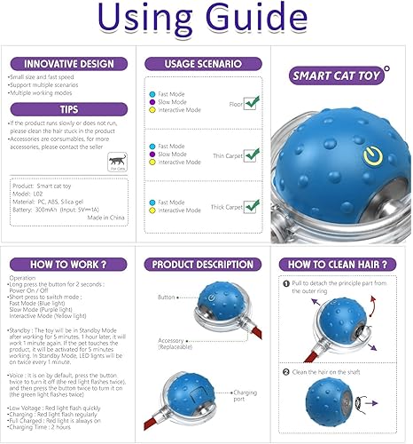 Miniatura 7 de Pelota interactiva de juguetes para gatos de interior rodando rápidamente en alfombra, chirridos y activan el movimiento (azul)