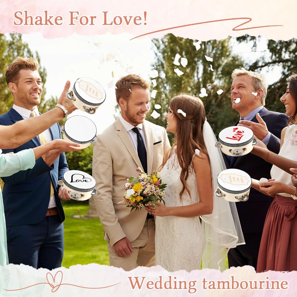 48 Set 4 inch Wedding Tambourines Bulk for Adults, Wooden Hand Held Percussion with Metal Jingles Gift Tags, White Tambourine Gift Musical Instrument for Church Wedding Party Favor