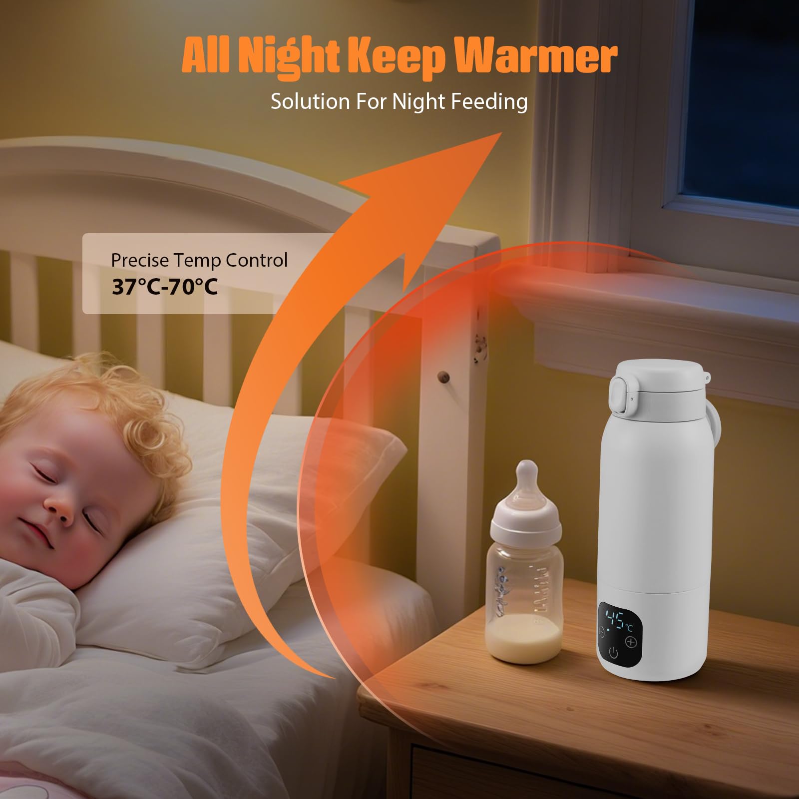 Flaschenwärmer Tragbarer 500ML Wireless, Autoflaschenwärmer mit Einstellbarer Temperatur von 37°C bis 70°C, Schnelles Aufwärmen und präzise Temperaturkontrolle, Wiederaufladbarer Babywasserwärmer