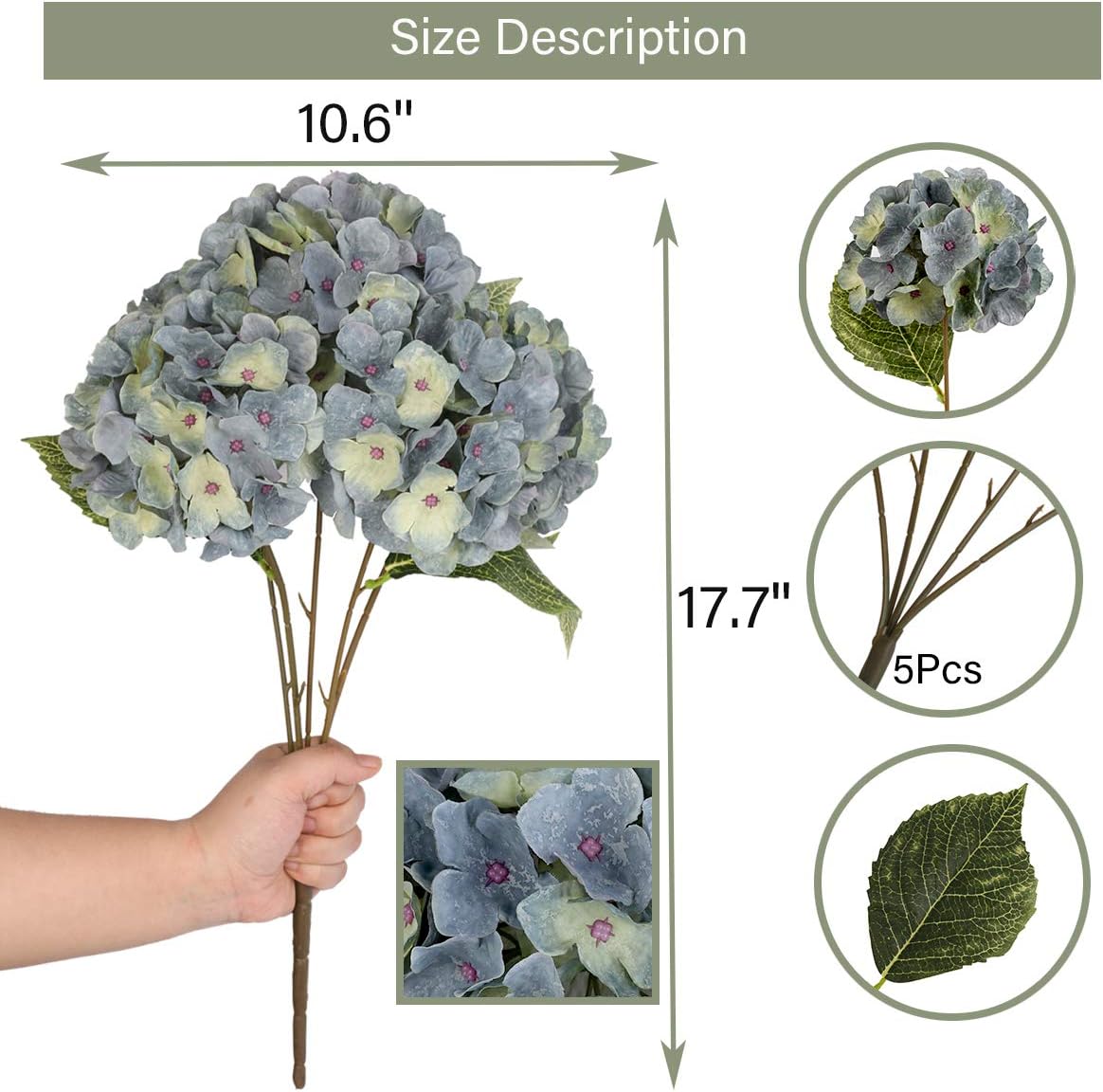 Jim's Cabin Artificial Flowers Silk Hydrangea Flowers with 5 Big Heads Fake Flower Bunch Bouquet for Home Wedding Party Decor DIY(Blue Green) - Image 2