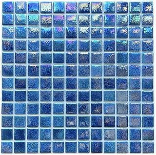 Tenedos Square Iridescent Recycled Glass Mosaic Floor and Wall Tile for Kitchen Backsplash, Swimming Pool Tile, Bathroom Wall, Accent Wall, (Not Peel and Stick Tile) (Ocean Blue, 5 Sheets)