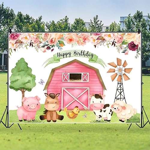 Miniatura 6 de Telón de fondo rosa de animales de granja para niños, decoración de fiesta de cumpleaños, dibujos animados, granja, granero, vaca, fondo de