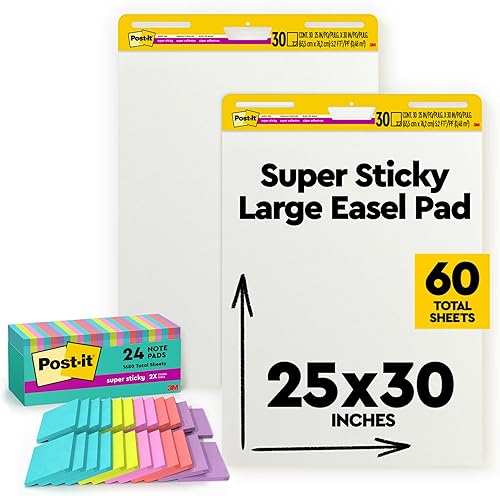 Post-it Almohadilla de caballete súper pegajosa, 25 x 30 pulgadas, blanco, 30 hojasbloc, 2 blocpaquete y notas súper adhesivas, 3 x 3 pulgadas, 24