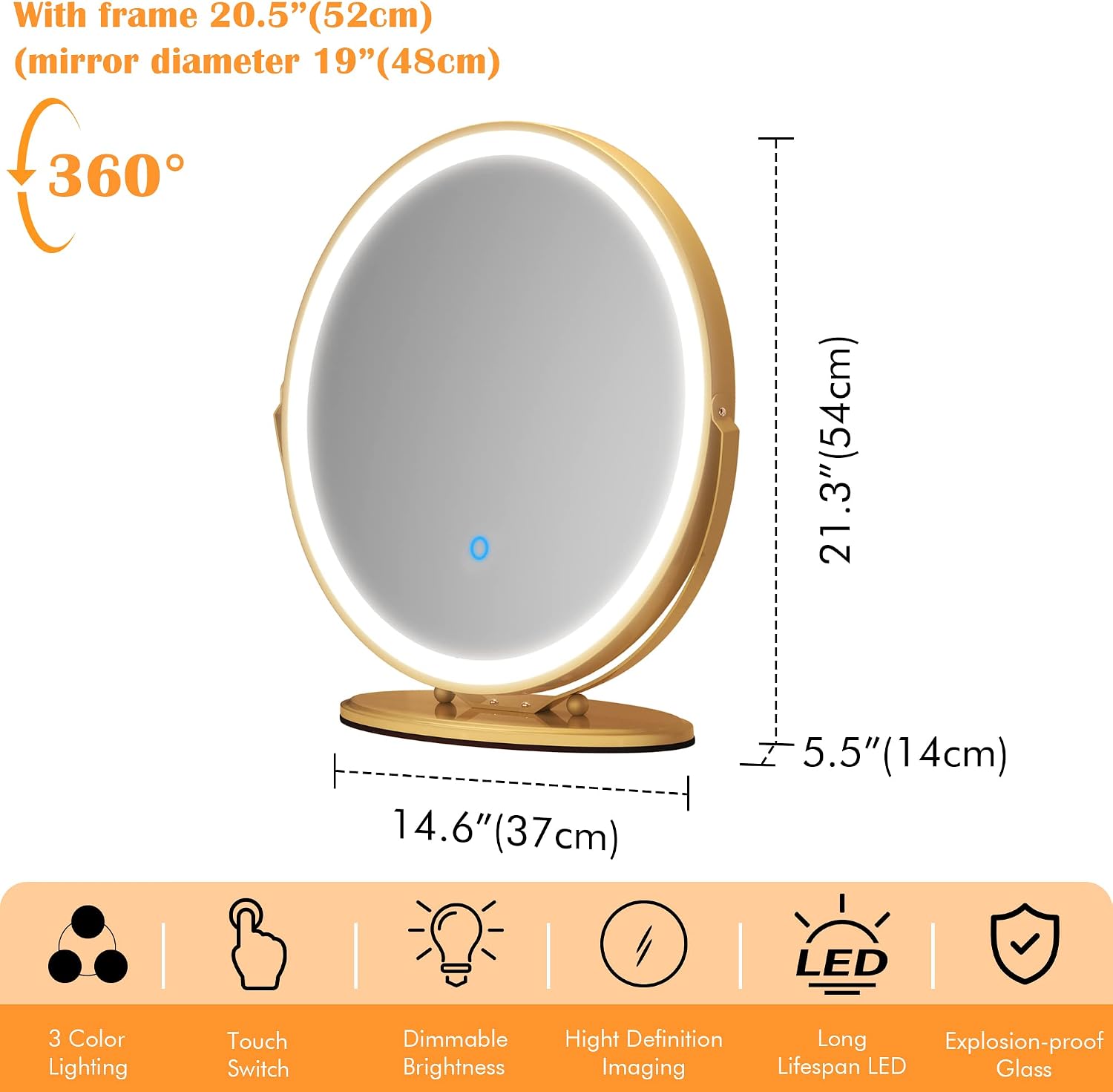 LVSOMT 20" Vanity Makeup Mirror with Lights, 3 Color Lighting Dimmable LED Mirror, Touch Control, 360°Rotation, High-Definition Large Round Lighted Up Mirror for Bedroom Table Desk