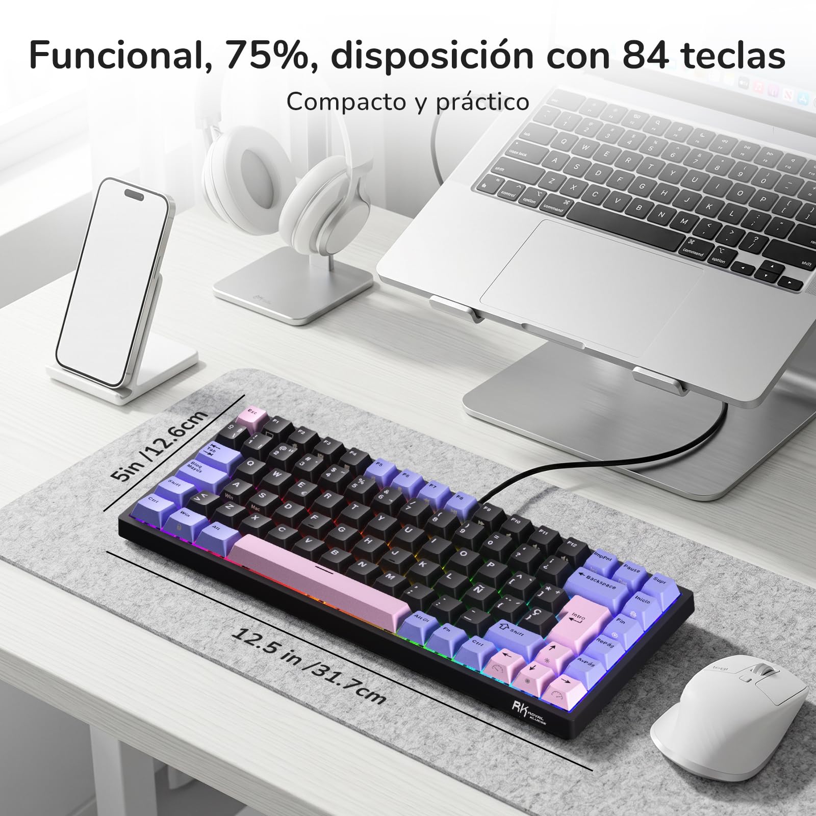 RK ROYAL KLUDGE RK84-ES Cableado 75% TKL RGB Hot Swappable Teclado Mecánico para Juegos, QWERTY Español