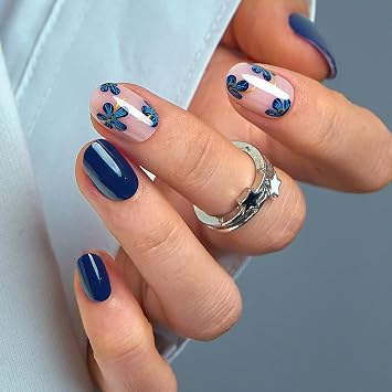 CurvLife Soft Gel Press On Nails Extra Short Square, Long-Lasting Reusable Oval Fake Nails Kit with Glue & Tabs, 30pcs Salon-Quality Stick On Nails for Women At-Home Manicure Navy Petal