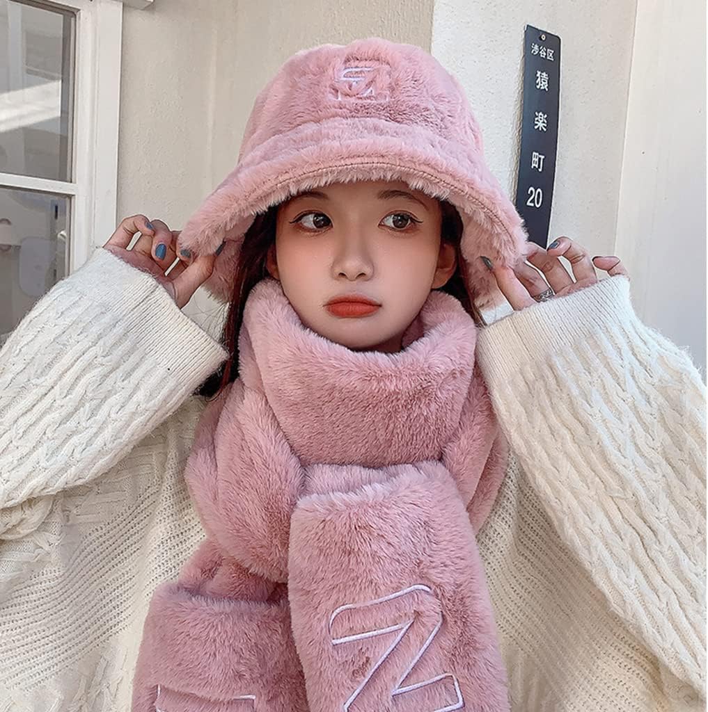 Scarf,Beanie Gloves Scarf Set Cute Bucket Hats For Teens Girls Fuzzy Bucket Hat Fisherman Hat Lady Winter Warm Scarf(Onecolor)