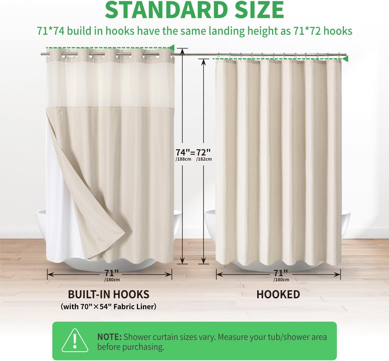 No Hooks Polyester Textured Shower Curtain with Snap-in Fabric Liner Set, Hotel Luxury Decor Shower Curtains for Bathroom with See Through Top Window, Waterproof & Washable, 71Wx74H, Cream