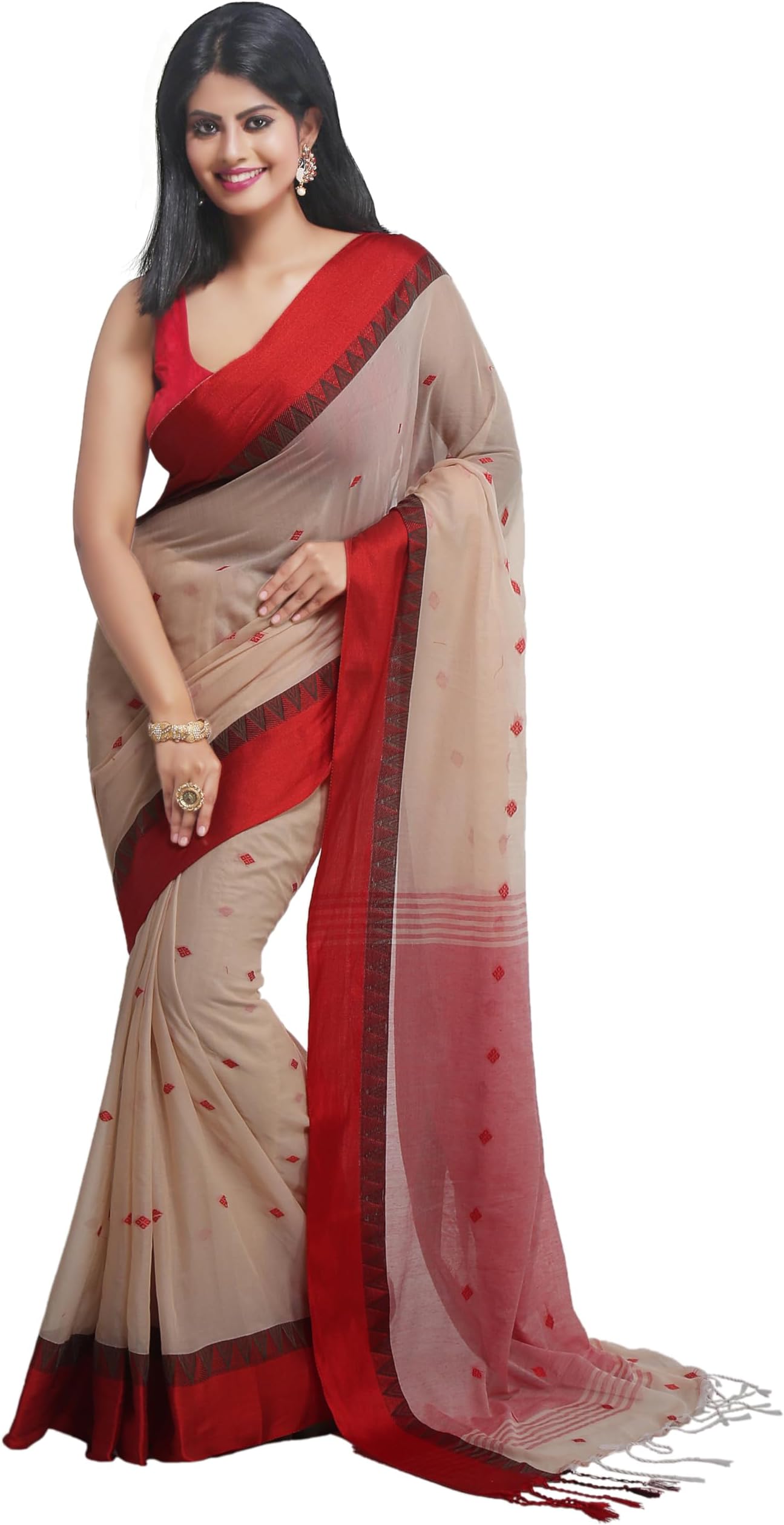 WoodenTant Women’s Pure Cotton Saree in Beige colour with Red velvet border .(Beige & Red)